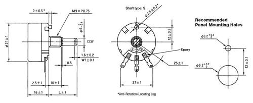 Potenciómetro rotatorio 30mm eje metal, RV30
