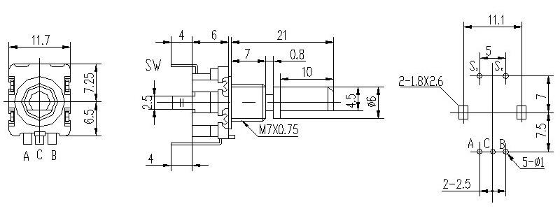 Codificador rotatorio 11mm con switch eje estriado, EC11-1S