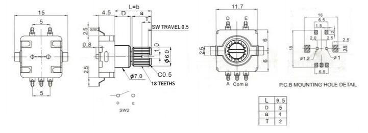 Codificador rotatorio 11mm con switch eje estriado, EC11-1S-1